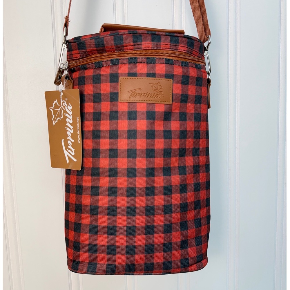 Tirrinia Wine Carrier Bag Unisex OS Red Black Buffalo Plaid Insulated 2 Bottle